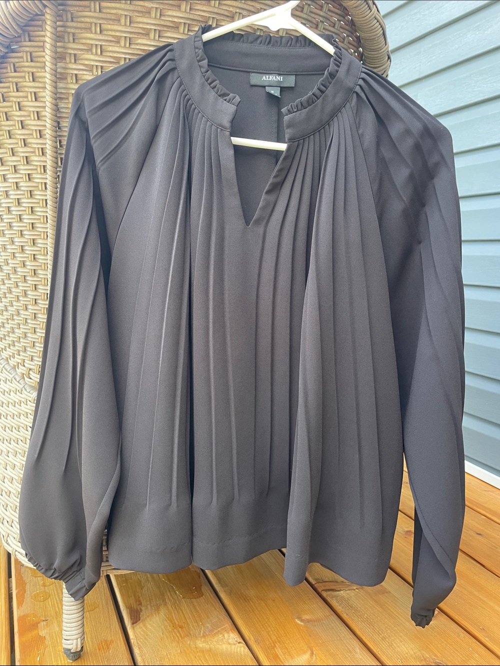 Alfani Black Pleated V-Neck Ruffle-Trim Blouse